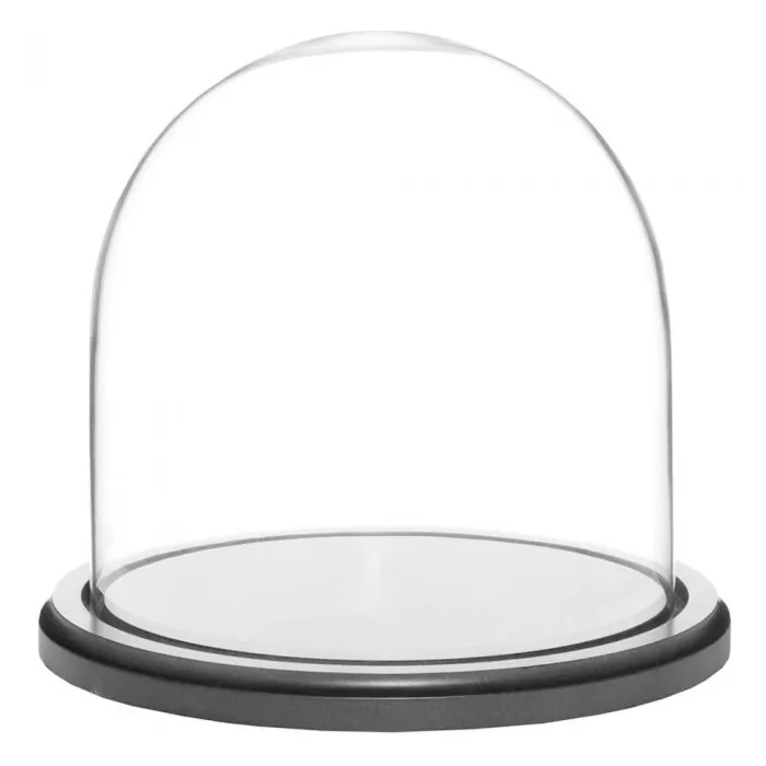 cupola sticla transparenta baza lemn negru diametru 12 cm inaltime 15 cm