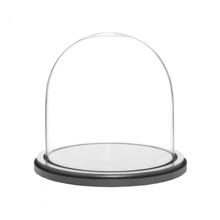 cupola sticla transparenta baza lemn negru diametru 15 cm inaltime 20 cm